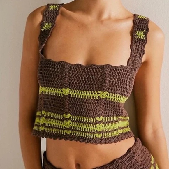 NWOT Free People Beach Donni Crochet Sweater Skirt Set Size L Color Brown/Green - Picture 6 of 16